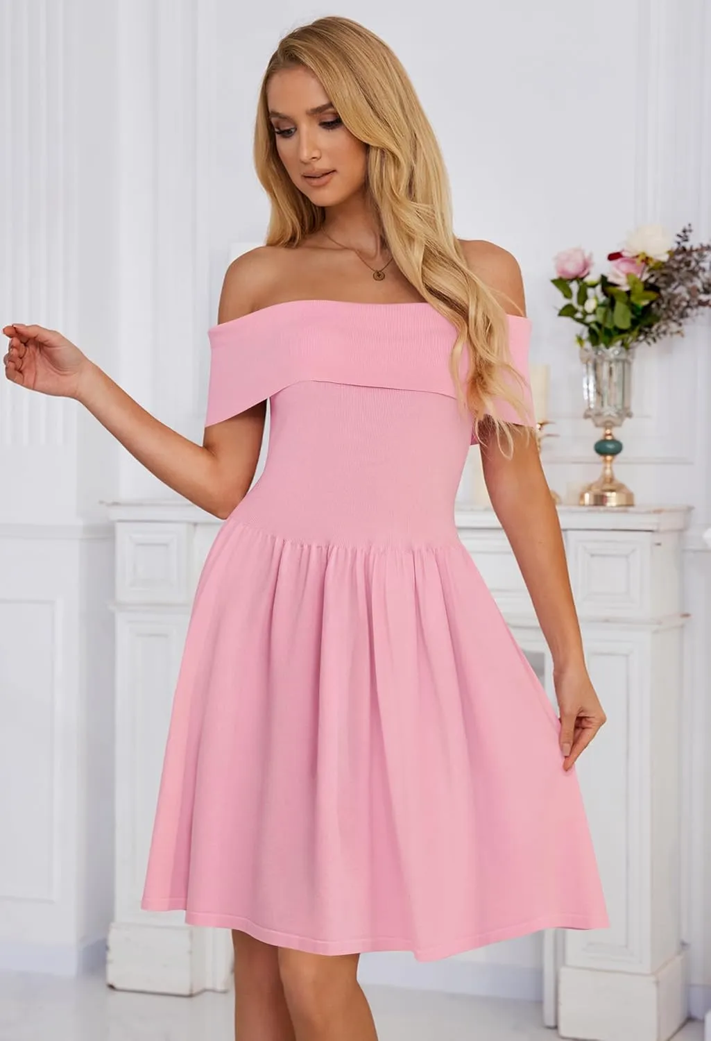 MEROKEETY Women's Summer Off Shoulder Mini Dresses 2025 Ruffle A Line Cocktail Party Knit Dress