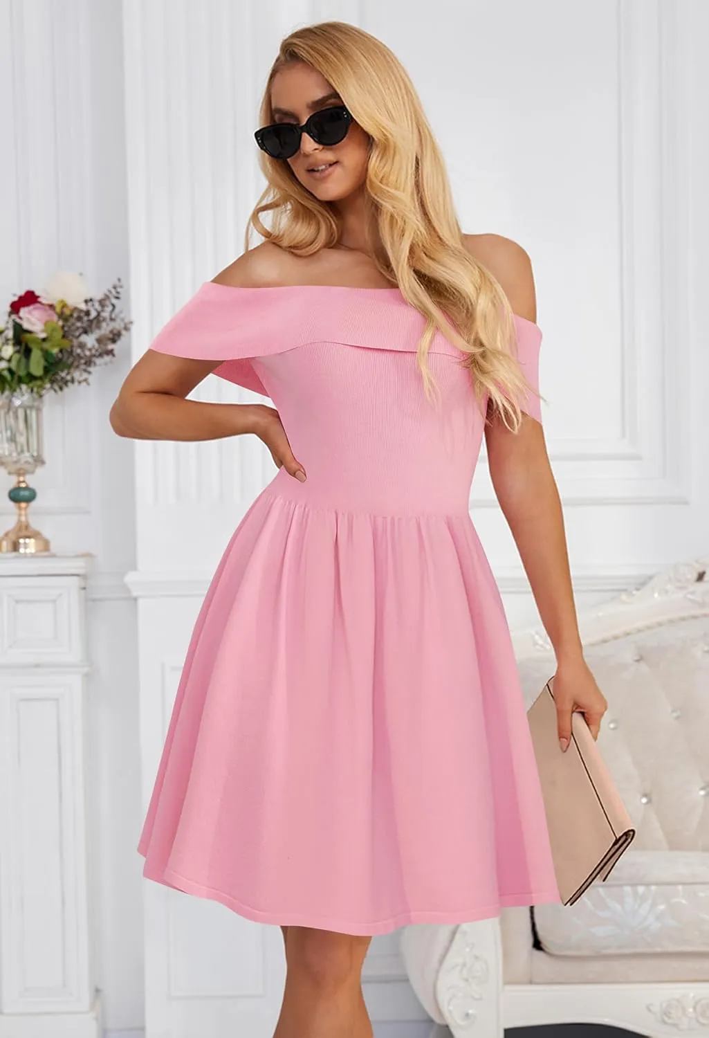 MEROKEETY Women's Summer Off Shoulder Mini Dresses 2025 Ruffle A Line Cocktail Party Knit Dress
