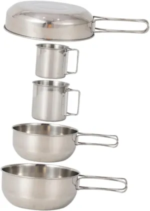 Milisten Stainless Steel Cup and Pot Set 5-Piece Camping Cooking Kit Non-Slip Bowl Safe for Fishing Hiking BBQ
