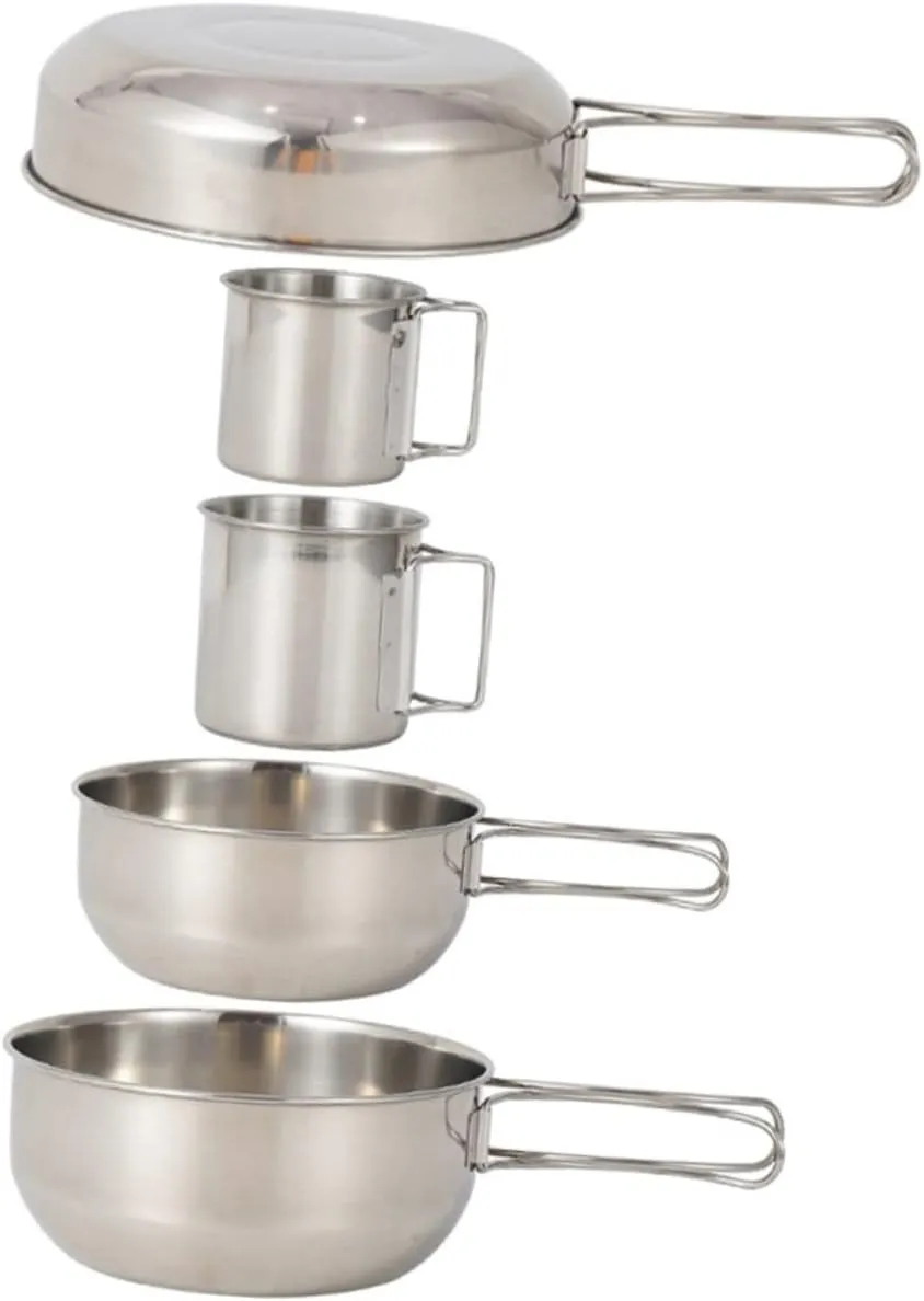 Milisten Stainless Steel Pot Cup Set 5pc Camping Cookware Collapsible for Travel Compact Picnic Tool