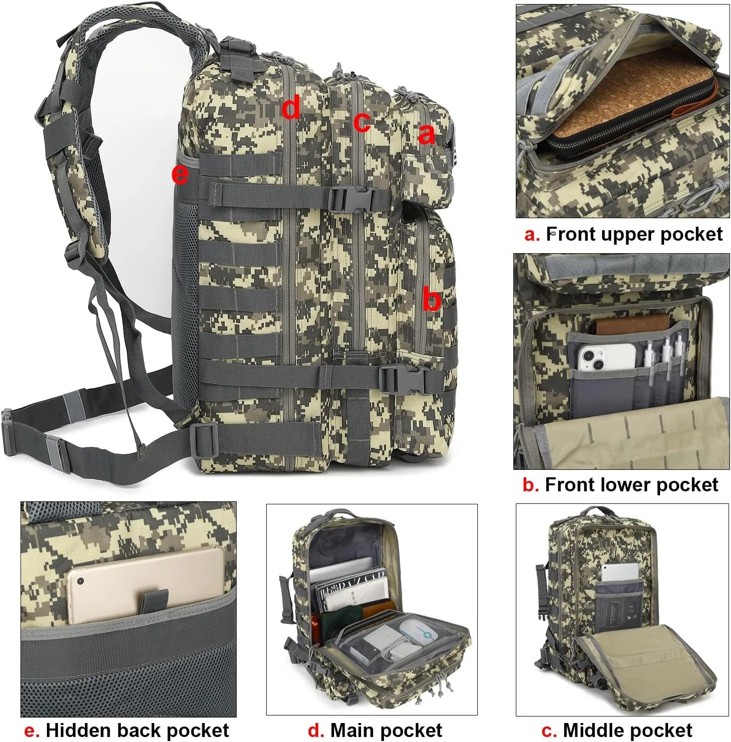 Military Tactical Backpack for Men Women, 3 Day Assault Pack Army Molle Bag Hiking Backpacks (ACU Camo)
