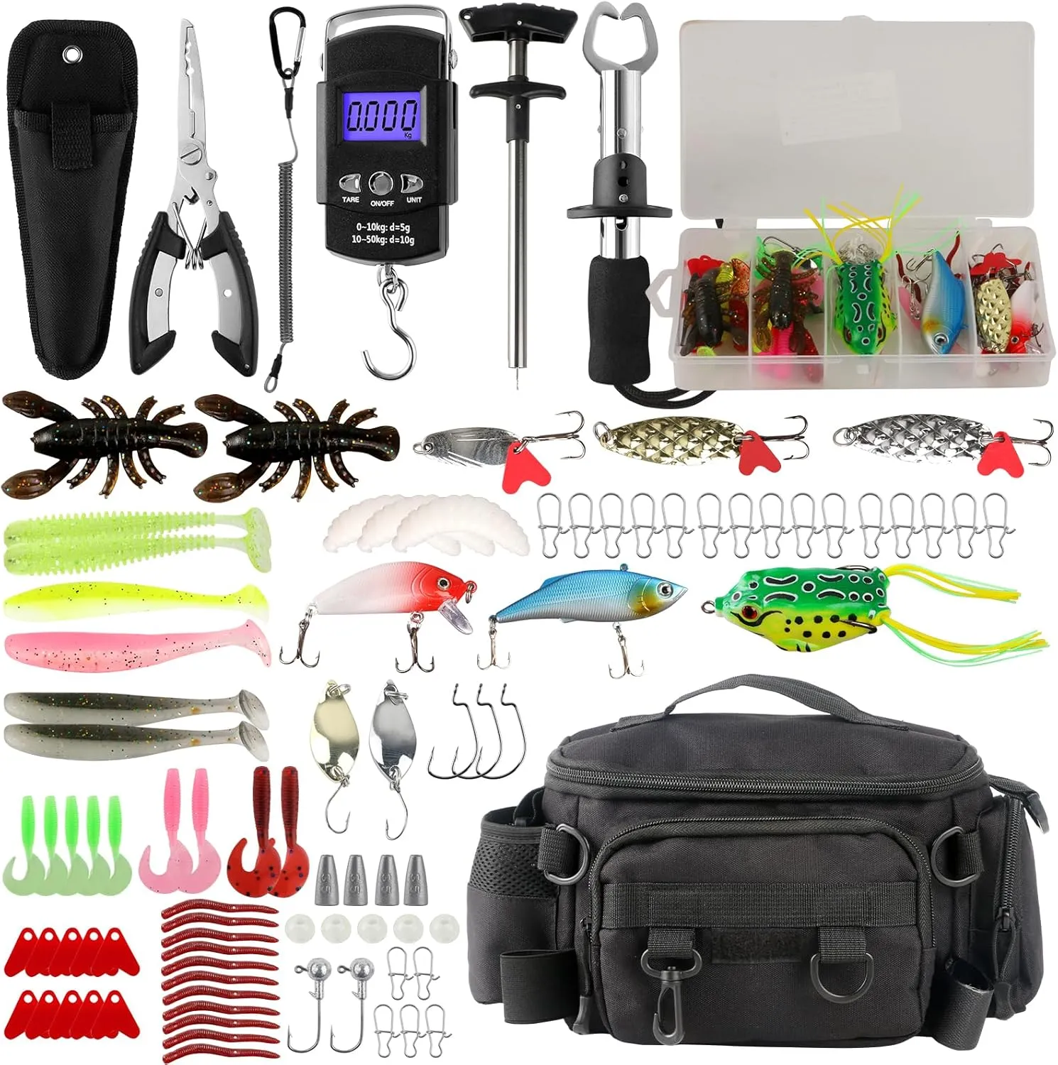 mouhike 113Pcs Fishing Tool Kit, Fishing Bag, Fishing Pliers Hook Remover, Fish Lip Gripper, Fishing Lures Hook Tackle Box, Handheld Digital Scale, Ice Fly Fishing Gear Accessories Set Fishermen Gift