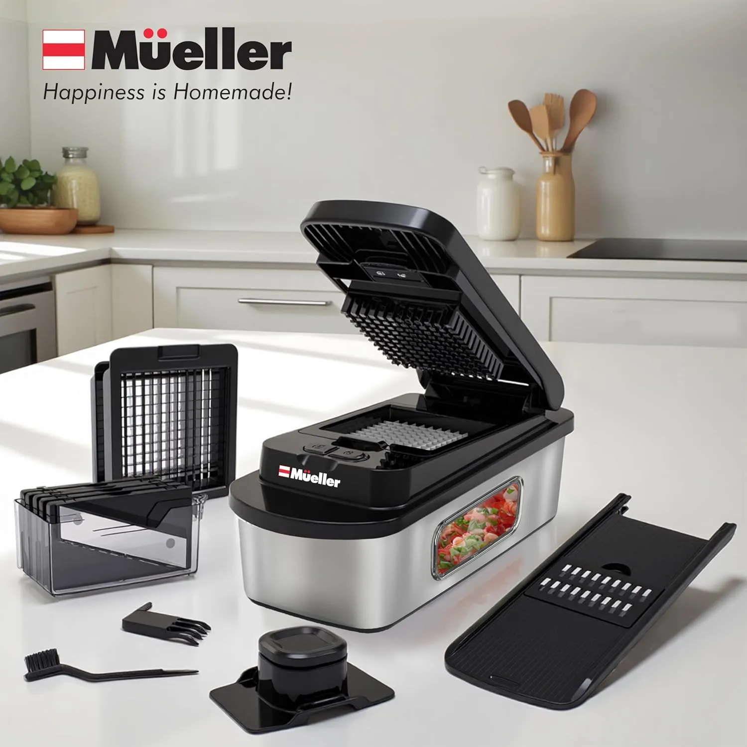 Mueller Pro-Series 10-in-1, 8 Blade Stainless Steel Multi Vegetable Chopper And Mandoline Slicer, Kitchen Tools and Gadgets, Food and Veggie Chopper, Mincer, Dicer, French Fry Cutter, Black