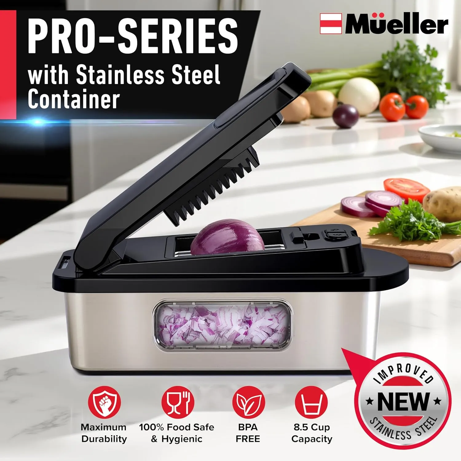 Mueller Pro-Series 10-in-1, 8 Blade Stainless Steel Multi Vegetable Chopper And Mandoline Slicer, Kitchen Tools and Gadgets, Food and Veggie Chopper, Mincer, Dicer, French Fry Cutter, Black