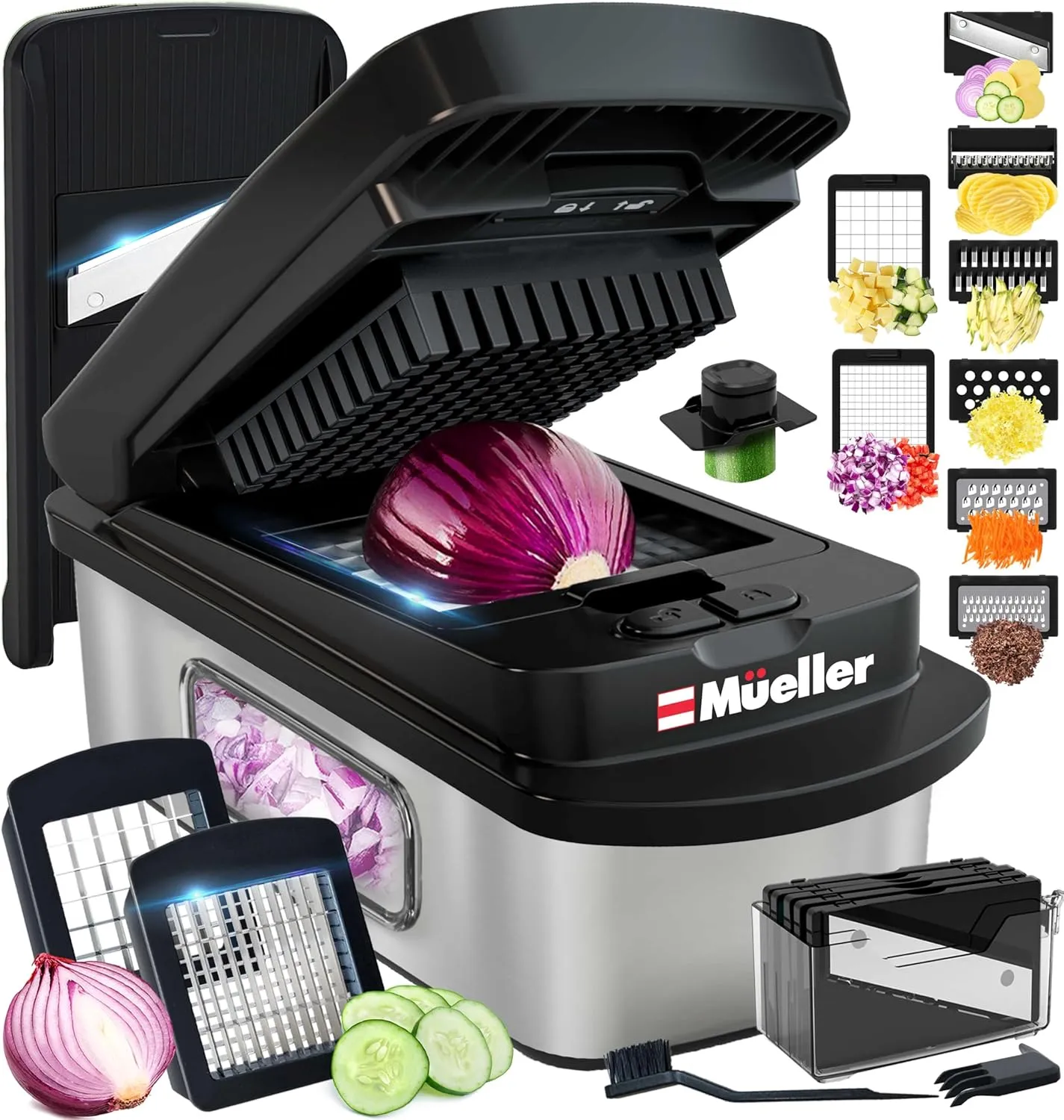Mueller Pro-Series 10-in-1, 8 Blade Stainless Steel Multi Vegetable Chopper And Mandoline Slicer, Kitchen Tools and Gadgets, Food and Veggie Chopper, Mincer, Dicer, French Fry Cutter, Black