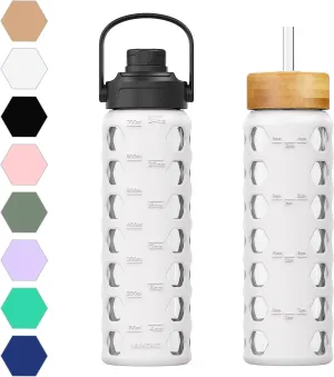 MUKOKO 24oz Glass Water Bottle with 2 Lids-Handle Flip Lid&Bamboo Straw Lid,Motivational Water Tumbler with Time Marker Reminder and Silicone Sleeve, Leakproof-White