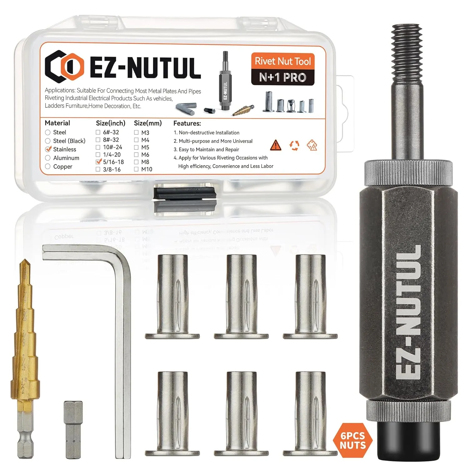 Multi-Grip Rivet Nut Installation Tool Set Pre-Bulbed Shank Flat Head Threaded Insert Nut Plus Nuts Assortment Kit Cross Rivnut for Construction Industrial (5/16-18(Plus Nut Tool-6pcs, Stainless))