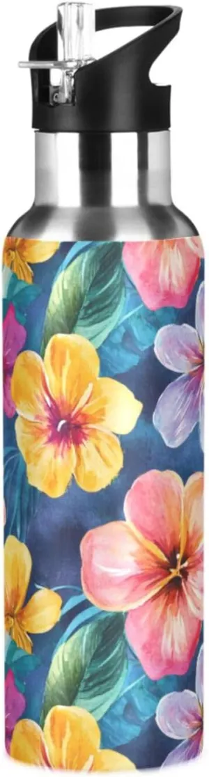 Multicolor Flowers Print Sports Bottle with Straw and Carry Loop for Gym, Camping, Workout, and Outdoors，Insulated Water Bottle Jug for All Day Hydration