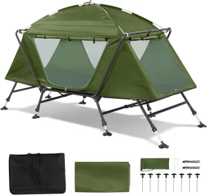 Multifunctional Folding Camping Cots for Adults, Collapsible Camping Tent with Cot,Elevated Tent with Sleeping Bag, Thick Air Mattress Pad, Portable Single Sleeping Cot Camping Bed,Army Green