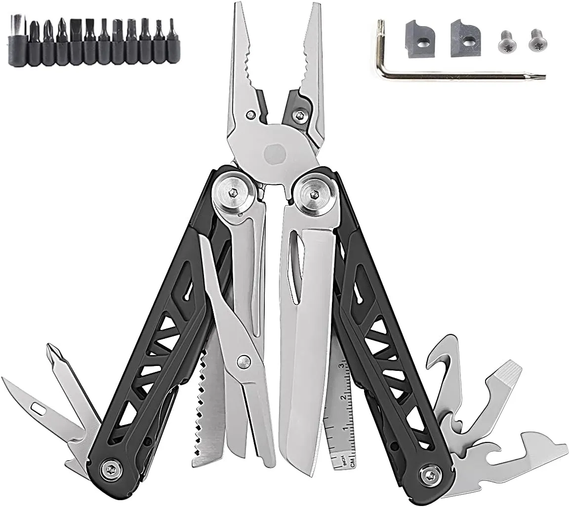 Multitool Pliers Pocket Knife Portable Stainless Steel Multitool with Saw,Scissors,Wire Stripper, Bottle Opener and Screwdriver EDC Tool (Silver Black)