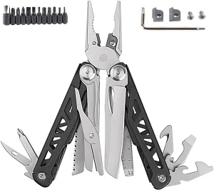 Multitool Pliers Pocket Knife Portable Stainless Steel Multitool with Saw,Scissors,Wire Stripper, Bottle Opener and Screwdriver EDC Tool (Silver Black)