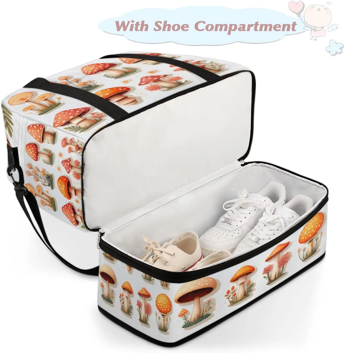 Mushroom Colorful Foldable Duffle Bag with Shoes Compartment Large Capacity Waterproof Travel Weekender Bag Overnight Bag for Sports Gym