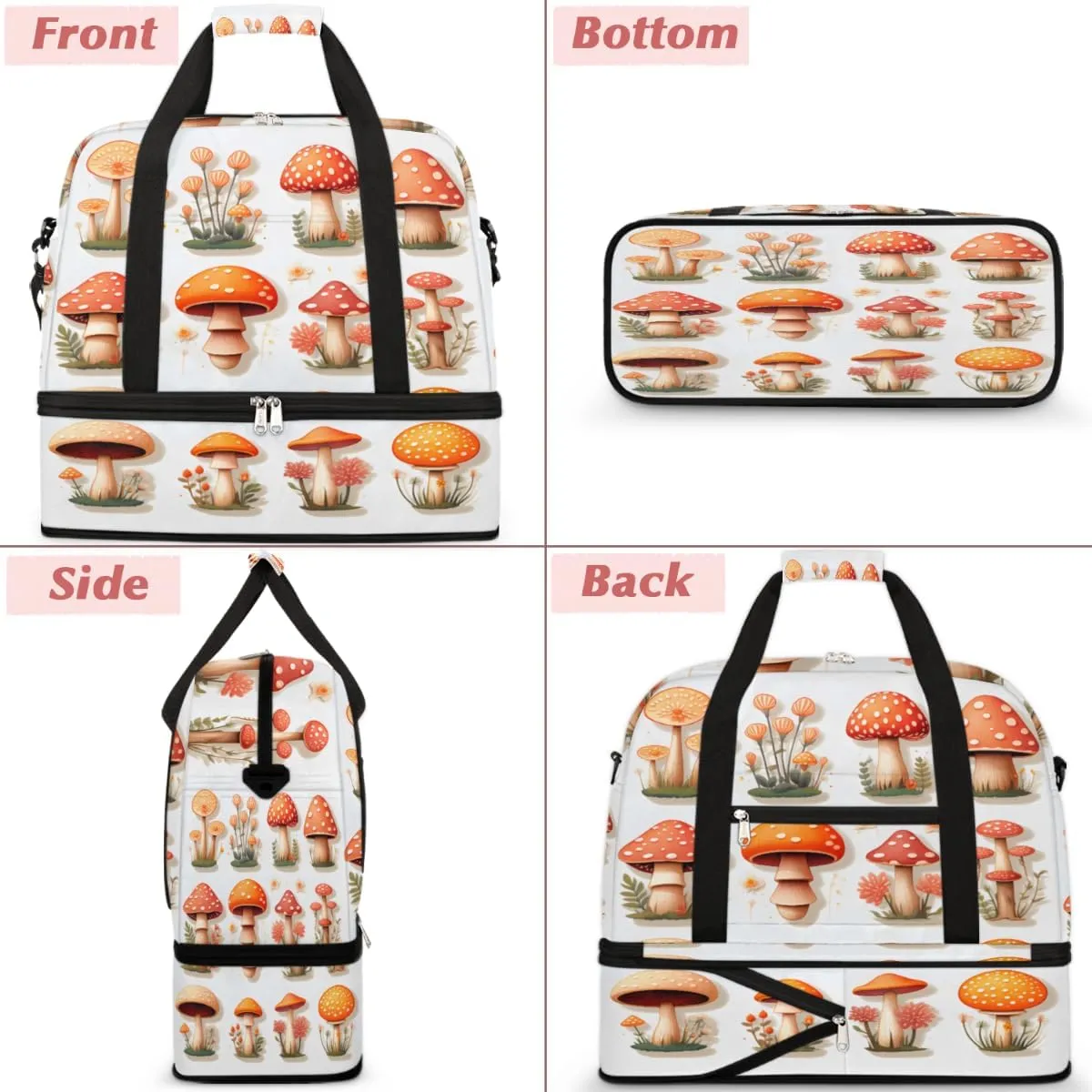 Mushroom Colorful Foldable Duffle Bag with Shoes Compartment Large Capacity Waterproof Travel Weekender Bag Overnight Bag for Sports Gym