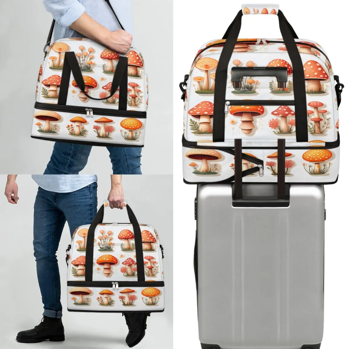Mushroom Colorful Foldable Duffle Bag with Shoes Compartment Large Capacity Waterproof Travel Weekender Bag Overnight Bag for Sports Gym