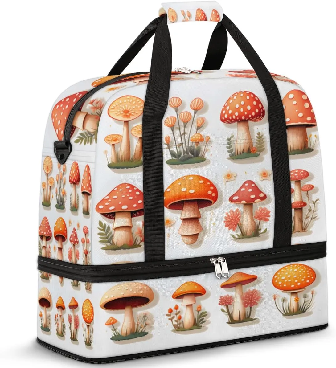 Mushroom Colorful Foldable Duffle Bag with Shoes Compartment Large Capacity Waterproof Travel Weekender Bag Overnight Bag for Sports Gym
