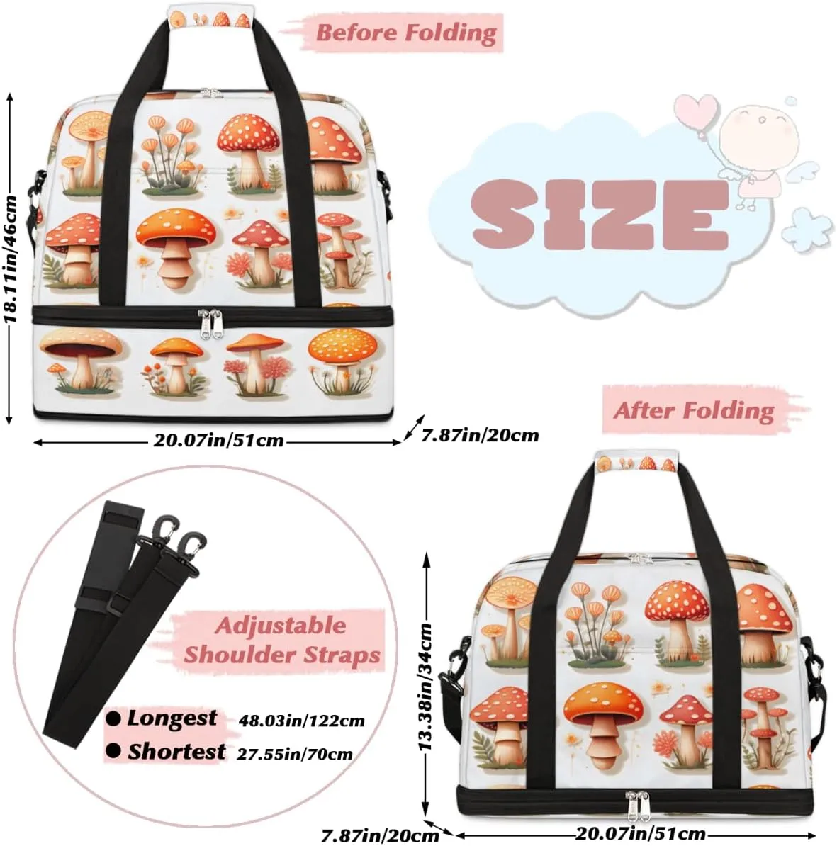 Mushroom Colorful Foldable Duffle Bag with Shoes Compartment Large Capacity Waterproof Travel Weekender Bag Overnight Bag for Sports Gym