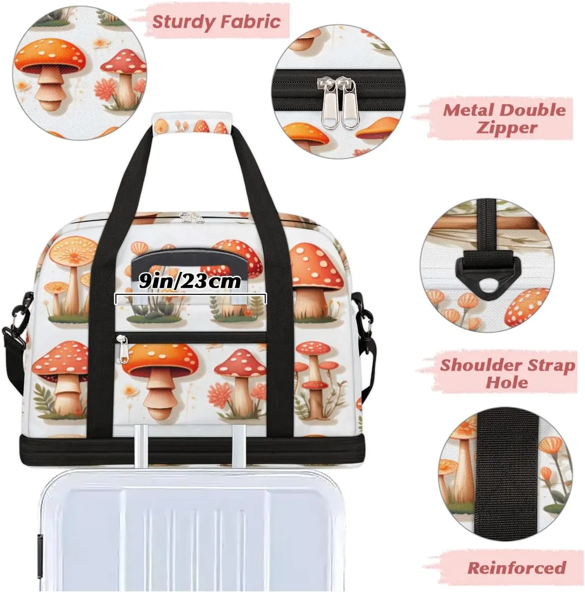 Mushroom Colorful Foldable Duffle Bag with Shoes Compartment Large Capacity Waterproof Travel Weekender Bag Overnight Bag for Sports Gym