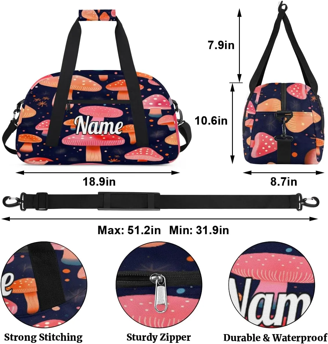 Mushroom Plant Custom Name Sport Duffel Bag Dance Bag for Girls Teens Personalized Ballet Bag Gift for Birthday Christmas Helloween
