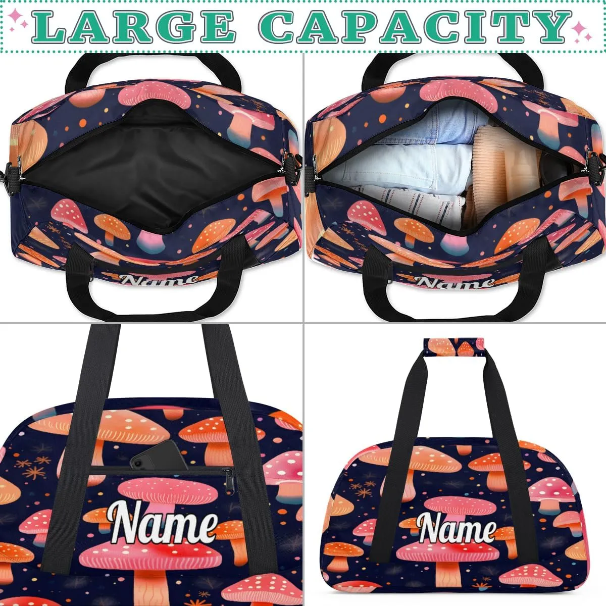 Mushroom Plant Custom Name Sport Duffel Bag Dance Bag for Girls Teens Personalized Ballet Bag Gift for Birthday Christmas Helloween