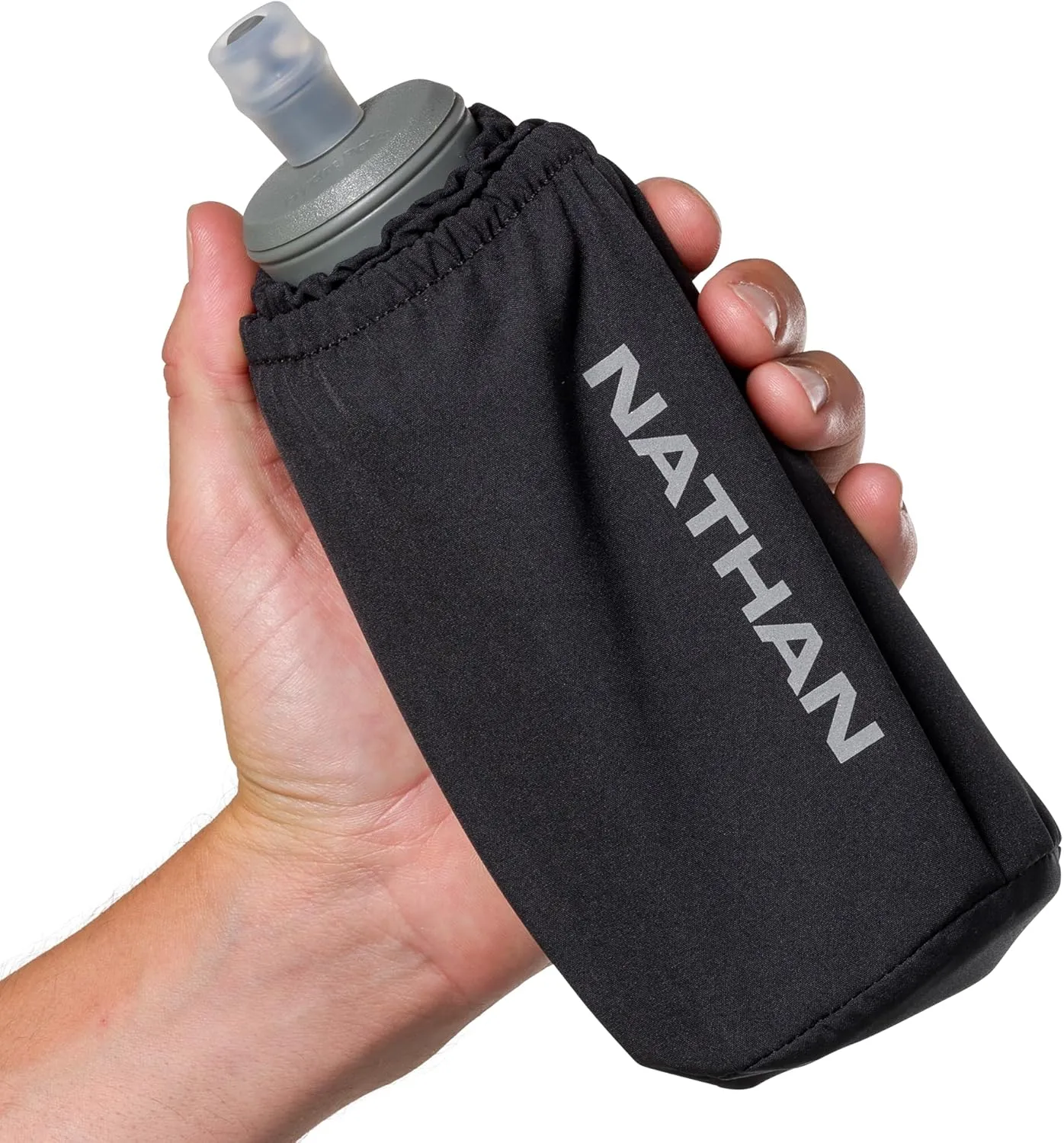Nathan Handheld Soft Flask 18oz - Exo-Draw Insulated Collapsible Bottle - Grip-Free Strap & Rigid ExoSpine for Comfort/Support - Breathable Mesh Strap - Ideal Running/Hiking, Pinnacle, Black