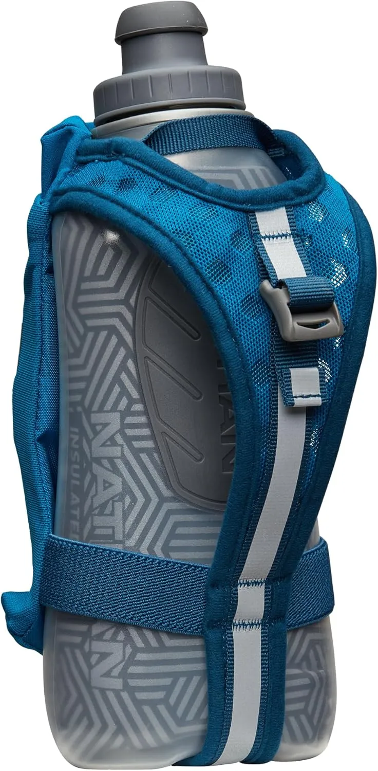 Nathan Insulated Handheld Flask 18oz - Double-Wall Insulation - Ergonomic Grip with Blast Valve Cap - Secure Pockets for Phone/Keys - Reflective - Ideal for Running, SpeedDraw 2, Deep Blue