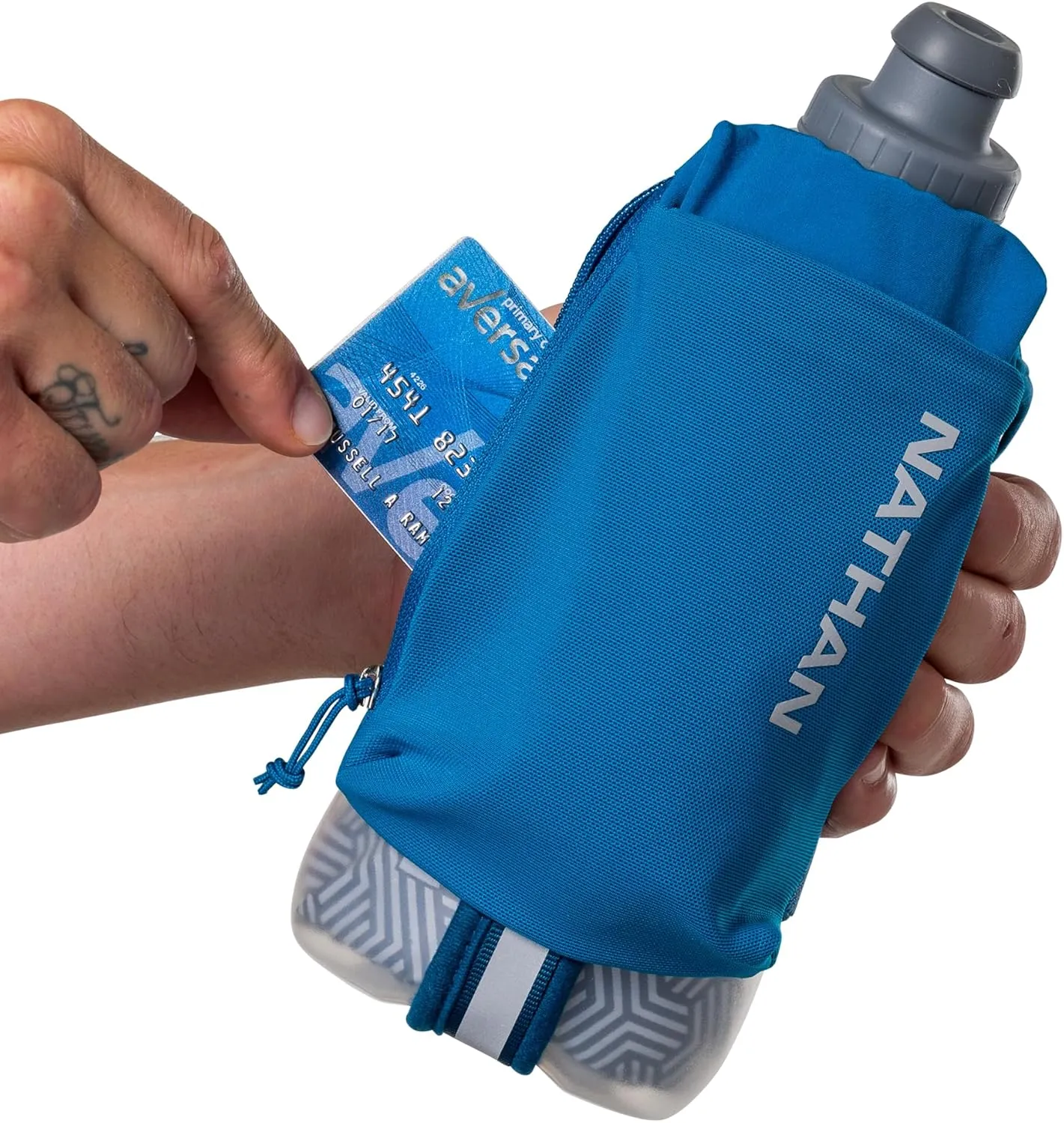 Nathan Insulated Handheld Flask 18oz - Double-Wall Insulation - Ergonomic Grip with Blast Valve Cap - Secure Pockets for Phone/Keys - Reflective - Ideal for Running, SpeedDraw 2, Deep Blue