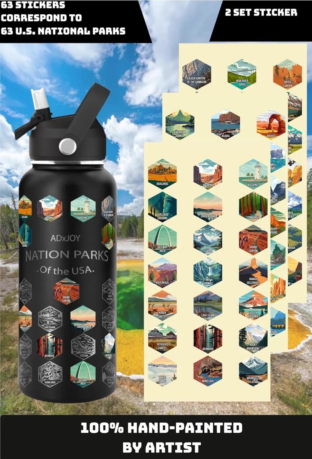National Parks Water Bottle with 63 Stickers – 32oz Leakproof Insulated Stainless Steel with Straw & Cleaning Kit – USA Adventure Bucket List Gift for Hikers (Black).