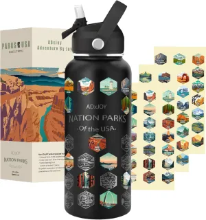 National Parks Water Bottle with 63 Stickers – 32oz Leakproof Insulated Stainless Steel with Straw & Cleaning Kit – USA Adventure Bucket List Gift for Hikers (Black).