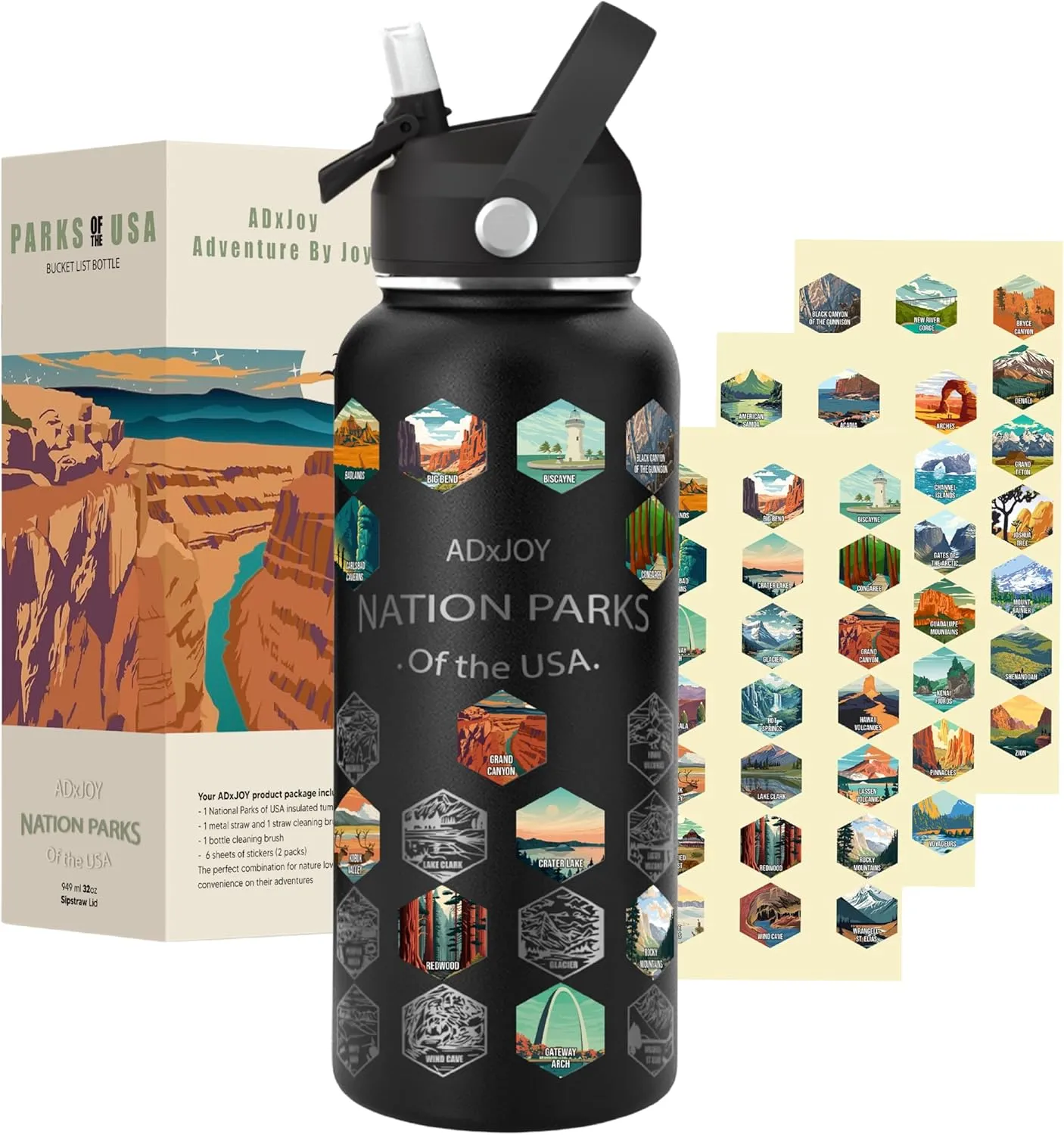 National Parks Water Bottle with 63 Stickers – 32oz Leakproof Insulated Stainless Steel with Straw & Cleaning Kit – USA Adventure Bucket List Gift for Hikers (Black).
