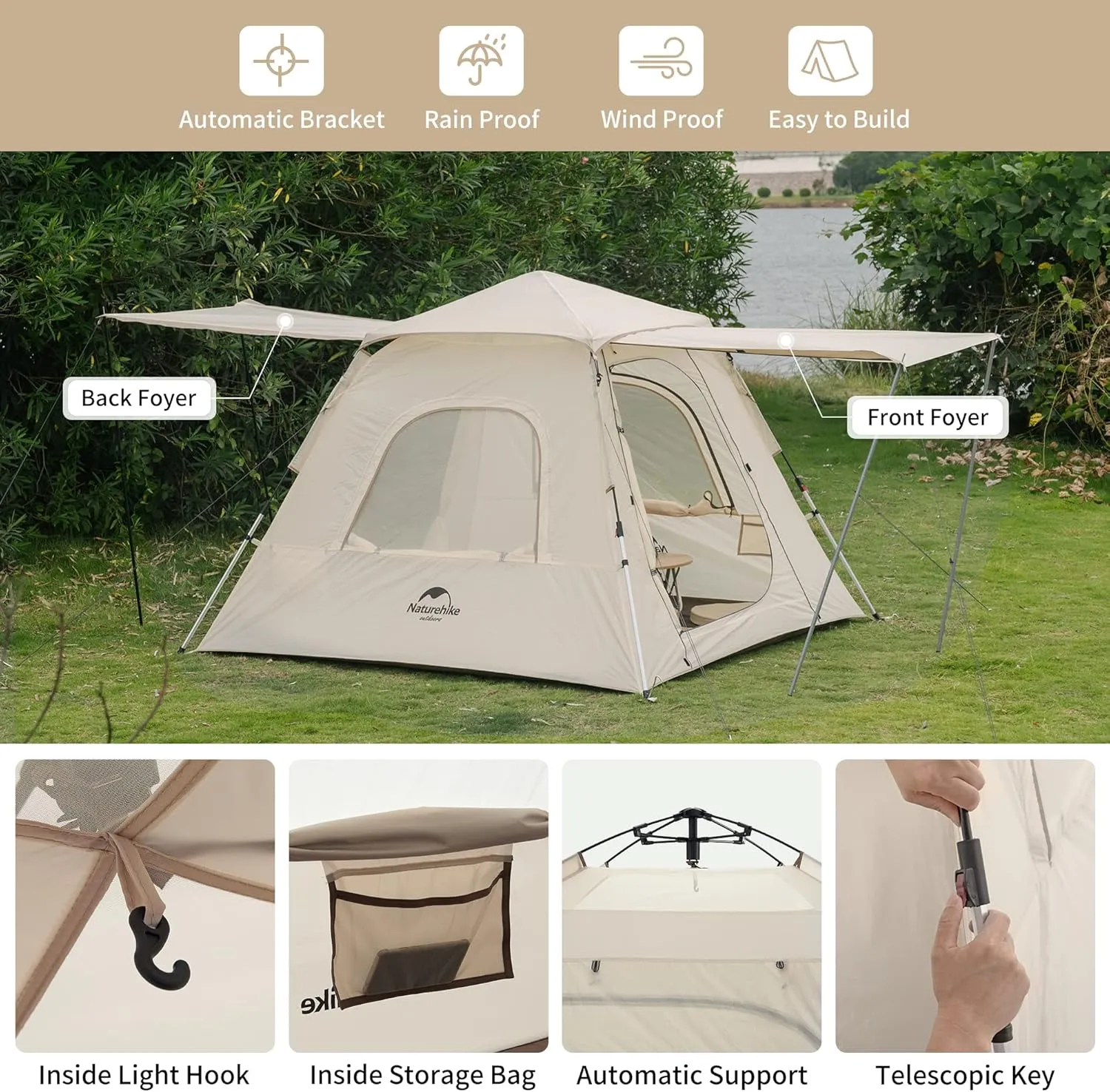 Naturehike Ango Camping Tent,3 Person 4 Person Instant Cabin Tent,Easy Setup Pop up Tents for Camping,3-4 People Family Camp Tent