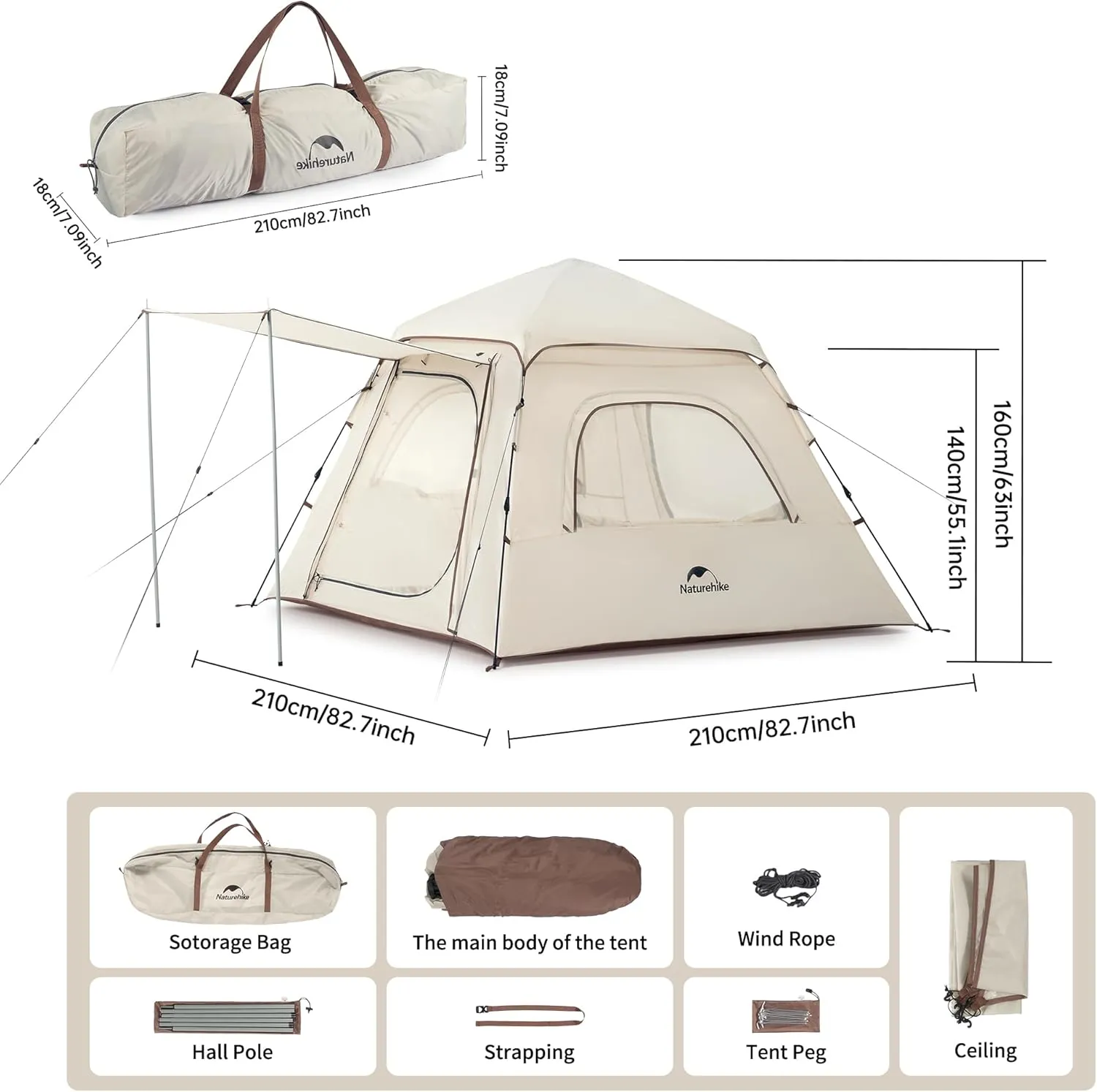 Naturehike Ango Camping Tent,3 Person 4 Person Instant Cabin Tent,Easy Setup Pop up Tents for Camping,3-4 People Family Camp Tent