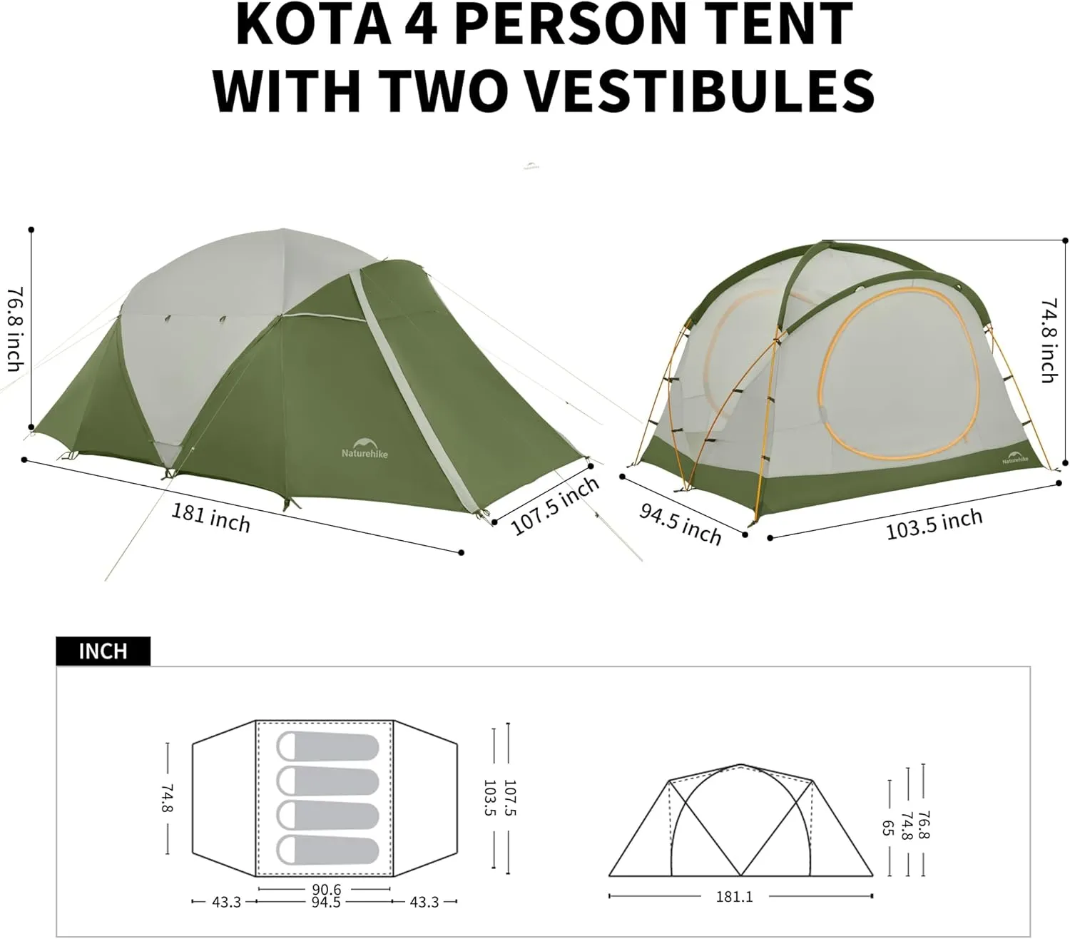 Naturehike KOTA 4-6 Person Camping Tent, Double Layer Waterproof 4 Person 6 Person Tents for Camping, Large and Tall Family Tent with Vestibules
