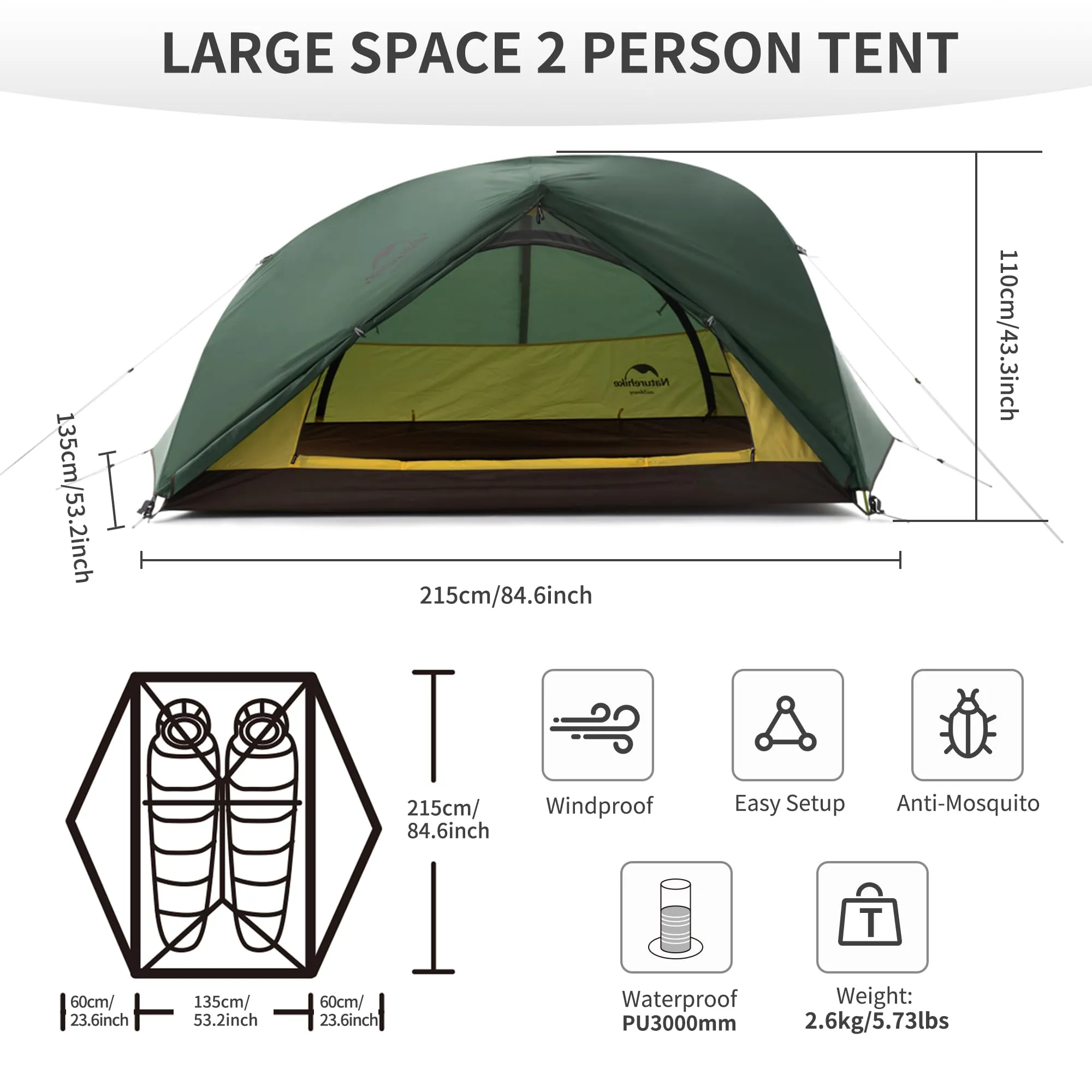 Naturehike Star River 2 Person Backpacking Tent, Double Layer Ultralight Two Person Tent for Camping Hiking, 2 Man Lightweight Tent for Cycling, Bikepacking Forest Green