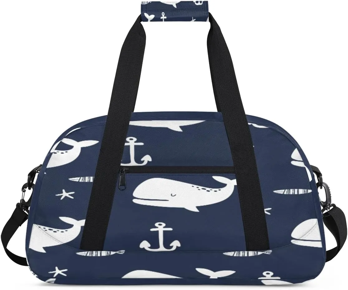 Nautical Anchor Gym Duffel Bag for Men Women Cartoon Whale Sports Tote Bag with Adjustable Shoulder Strap for Dance Gymnastics Traveling Outdoor Camping Overnight Stay