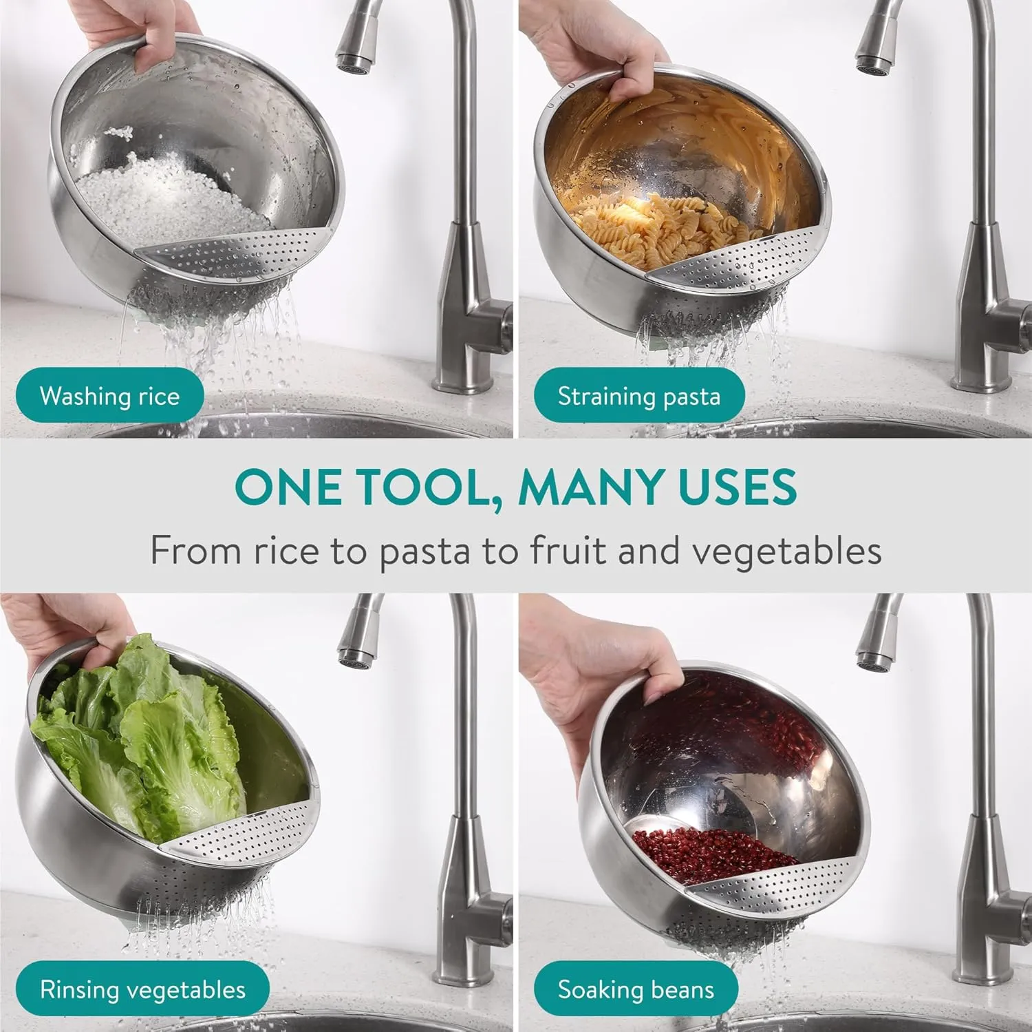 Navaris 22cm Stainless Steel Colander - Tiltable Sieve w/Front Strainer, Non-Slip Silicone Base - Metal Fruit Washer - Sieves and Strainers for Rice, Pasta, Food - Mint Green