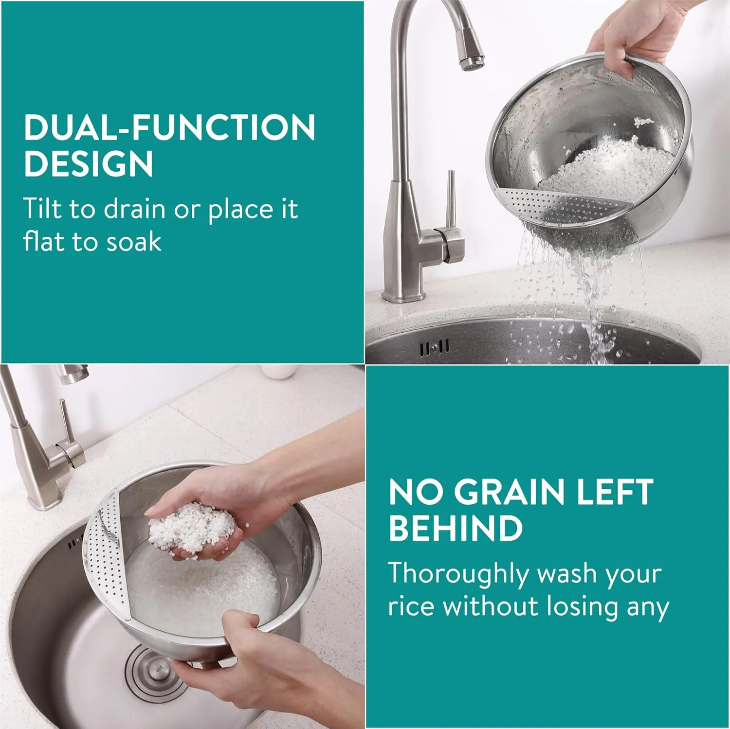 Navaris 22cm Stainless Steel Colander - Tiltable Sieve w/Front Strainer, Non-Slip Silicone Base - Metal Fruit Washer - Sieves and Strainers for Rice, Pasta, Food - Mint Green