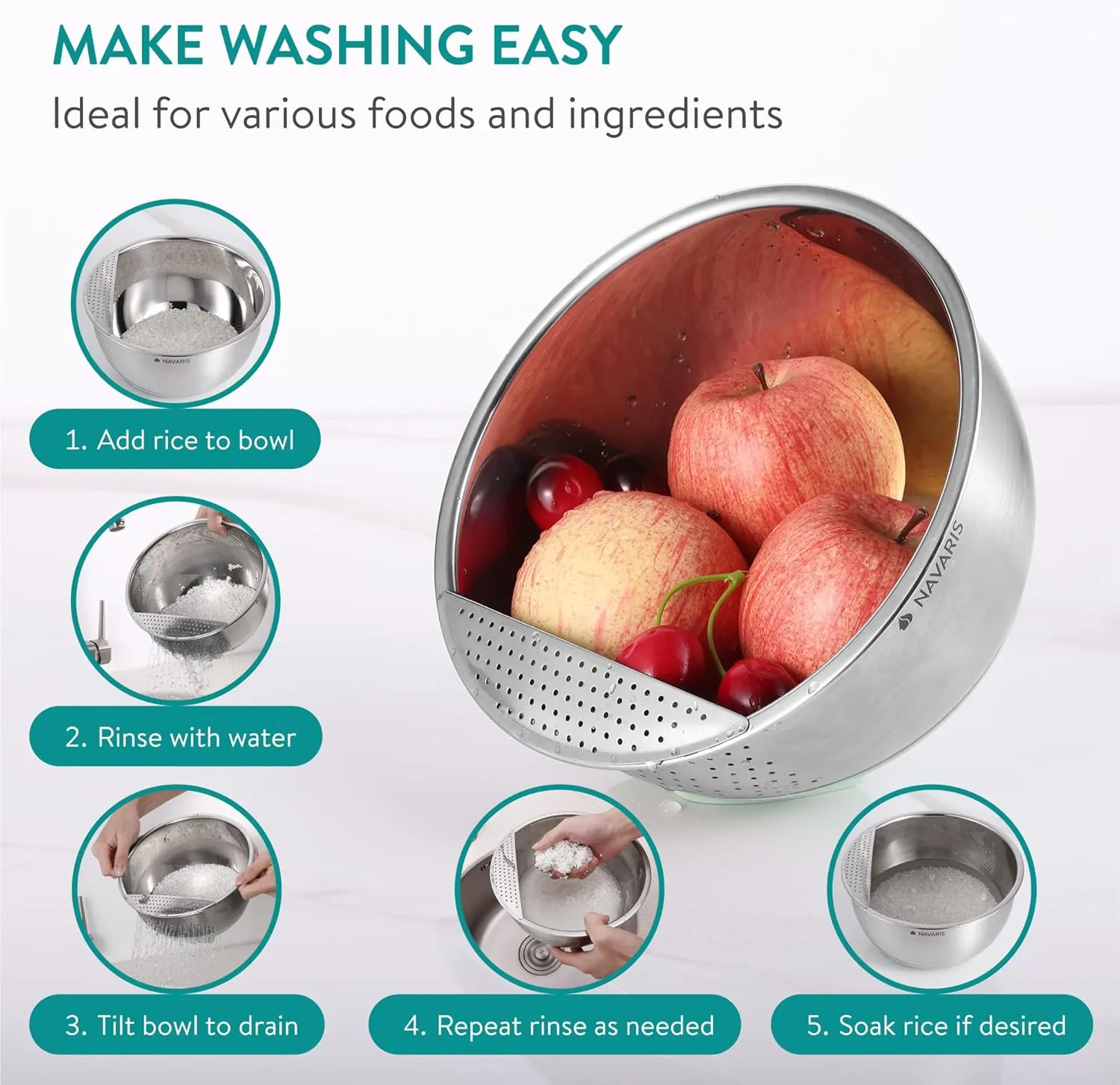 Navaris 22cm Stainless Steel Colander - Tiltable Sieve w/Front Strainer, Non-Slip Silicone Base - Metal Fruit Washer - Sieves and Strainers for Rice, Pasta, Food - Mint Green