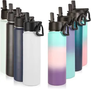 Neihepal 22 oz Insulated Kids Water Bottle with Straw Lid Bulk 8 Pack,Reusable Double Wall Vacuum Metal Thermos Keeps Cold and Hot,18/8 Stainless Steel Sports Bottles for Gym School(Eight Color,8Set)