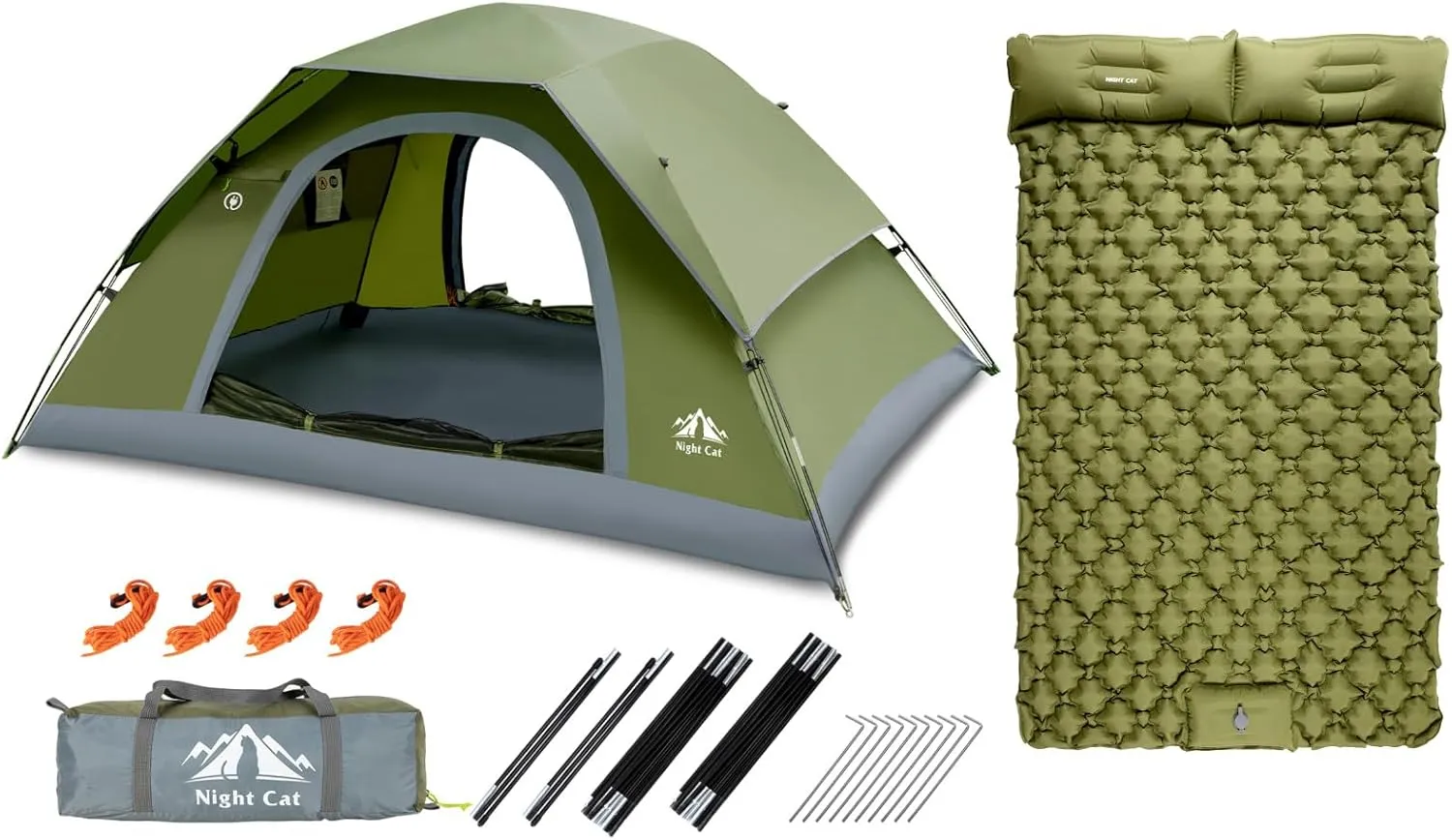 Night Cat Upgraded Backpacking Tents with Double Inflatable Sleeping Pad for 2 Person Outdoors Easy Clip Setup Tent Camping Combo Set