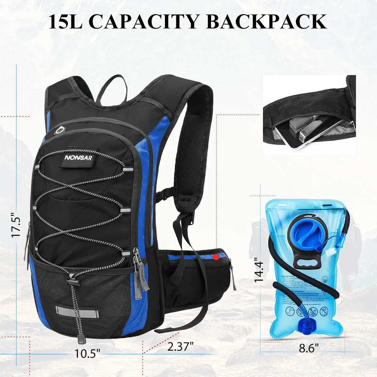 NONSAR Hydration Backpack, Hiking Backpack with 3L Water Bladder, Lightweight Insulation Hydration Pack, Water Backpack for Hiking, Cycling, Running, Festival, Camping for Men Women