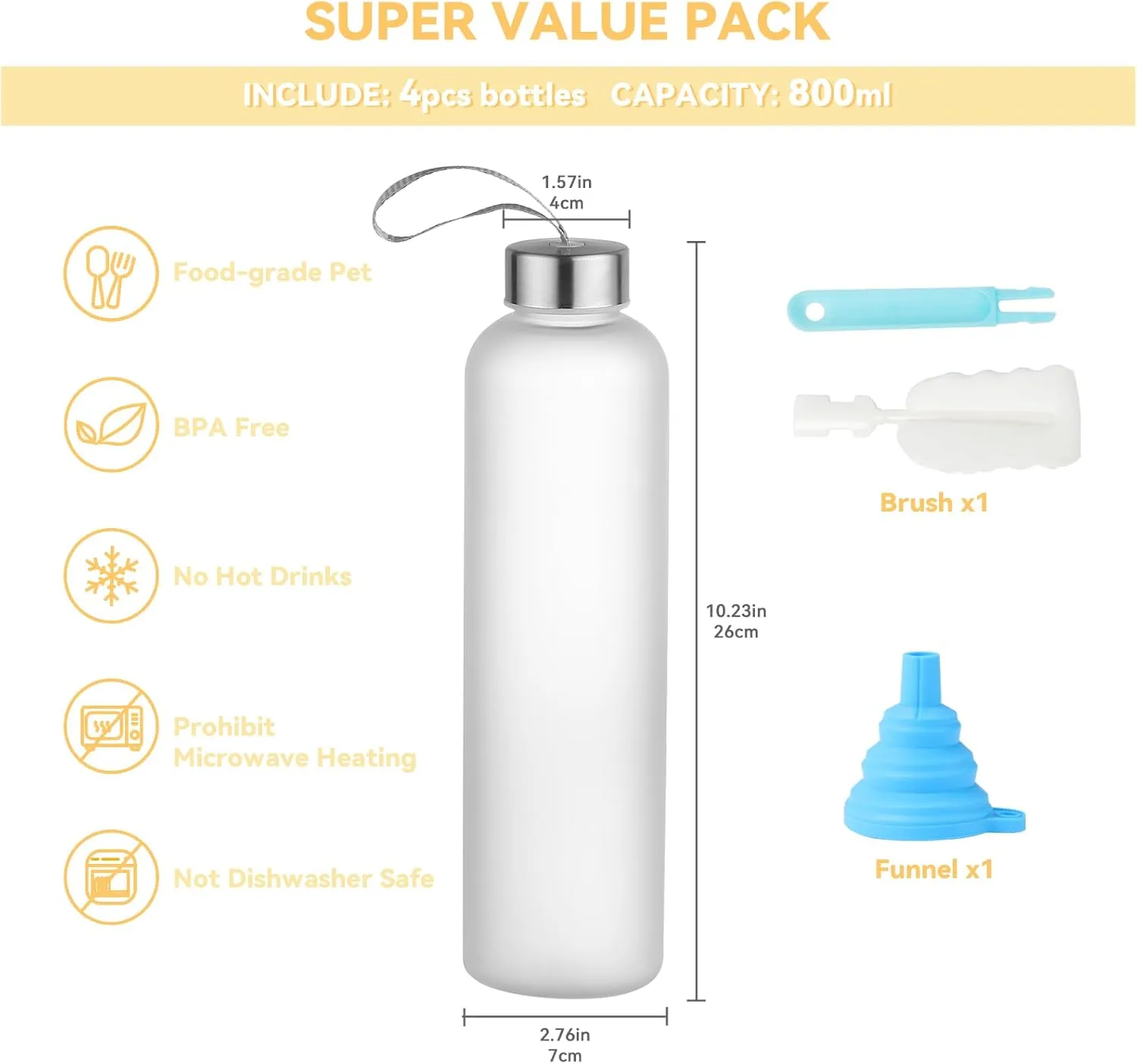 novelinks 4 Pack 27OZ Frosted Water Bottles with Stainless Steel Silver Lid,Leakproof Gym Bottles, Reusable Sport Water Jug for Fitness Camping Office