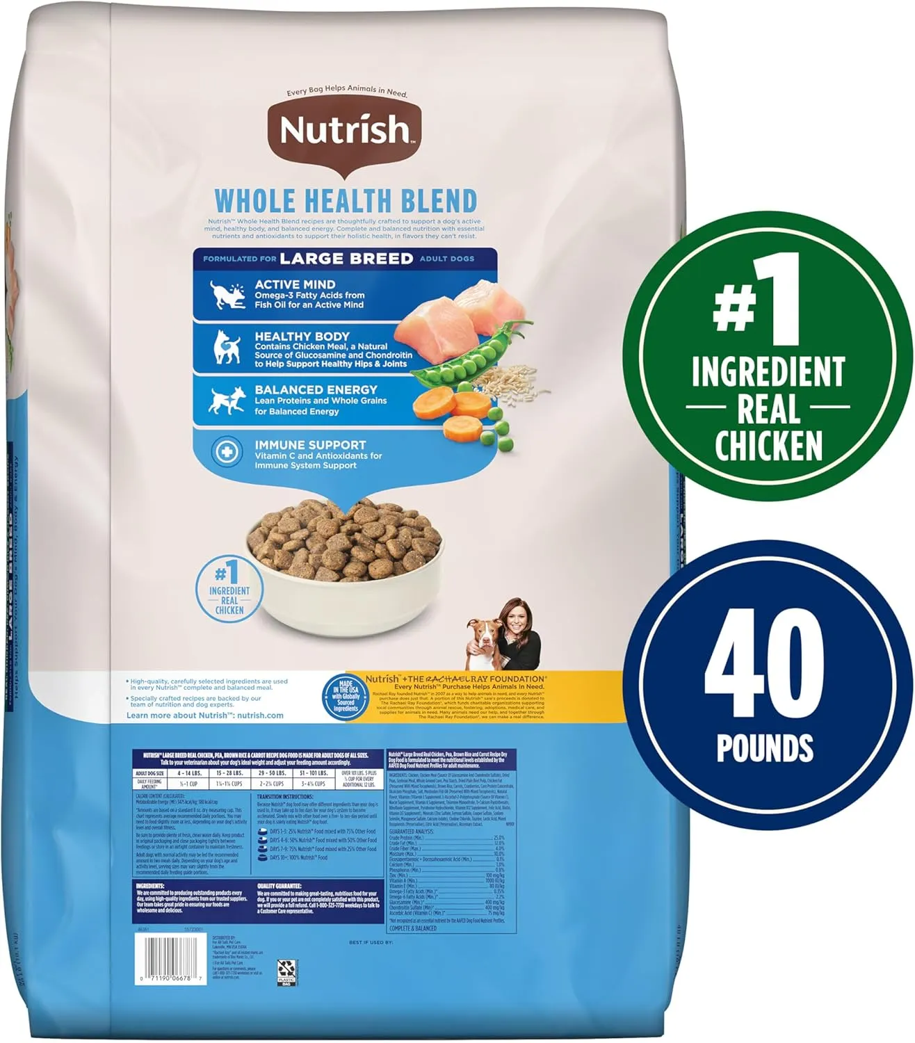 Nutrish Large Breed Real Chicken, Pea, Brown Rice & Carrot Recipe Whole Health Blend Dry Dog Food, 40 lb. Bag (Rachael Ray)