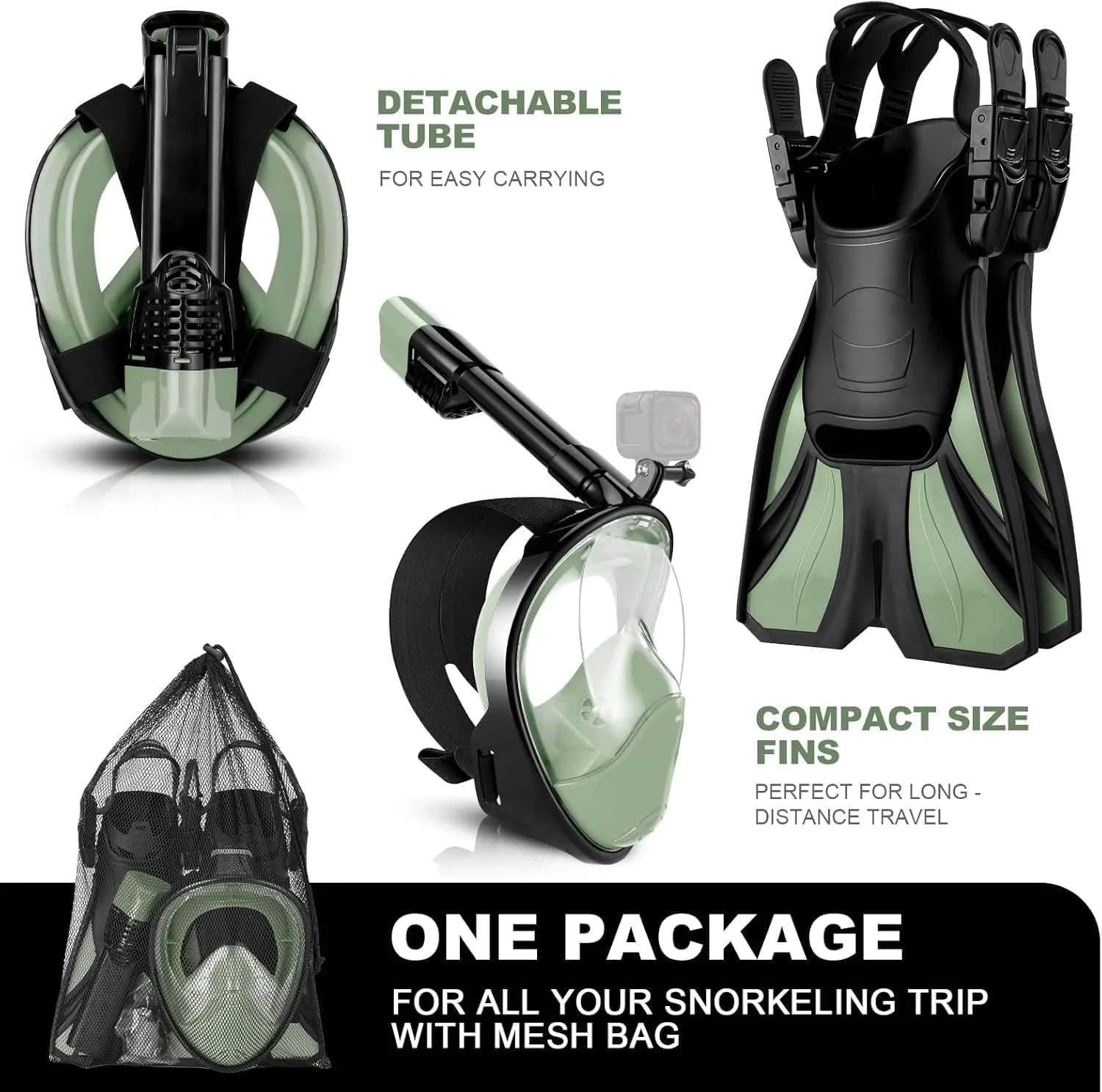 Odoland Snorkeling Packages, Full Face Snorkel Mask for Adults & Youth with Camera Mount, Adjustable Swim Fins, Anti-Fog Anti-Leak Diving Gear for Men Women Teens