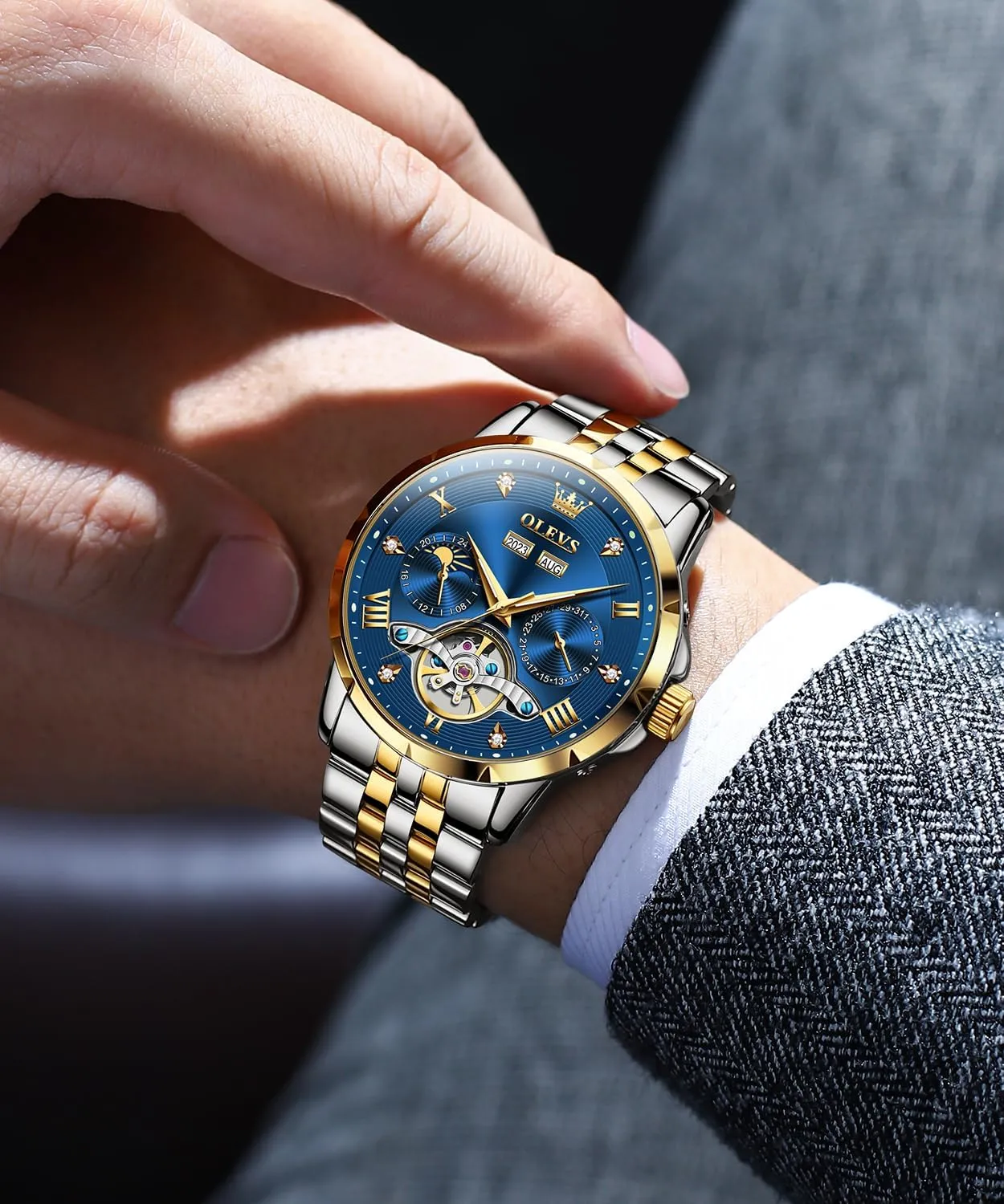 OLEVS Mens Automatic Watch Luxury Dress Diamond Self Winding Skeleton Tourbillion Stainless Steel Original Watches for Men