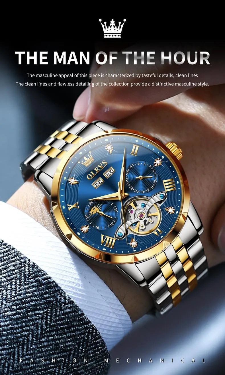 OLEVS Mens Automatic Watch Luxury Dress Diamond Self Winding Skeleton Tourbillion Stainless Steel Original Watches for Men