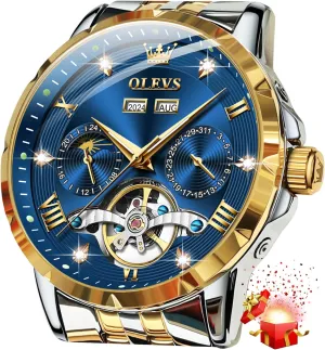 OLEVS Mens Automatic Watch Luxury Dress Diamond Self Winding Skeleton Tourbillion Stainless Steel Original Watches for Men