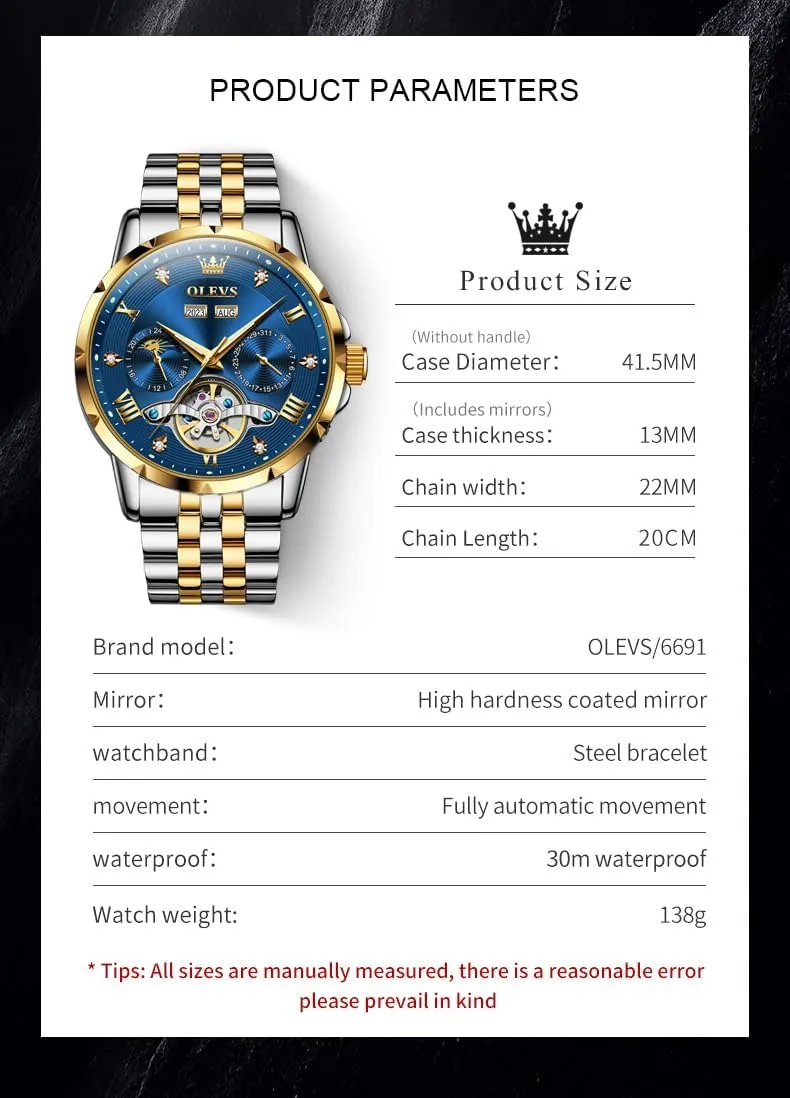 OLEVS Mens Automatic Watch Luxury Dress Diamond Self Winding Skeleton Tourbillion Stainless Steel Original Watches for Men