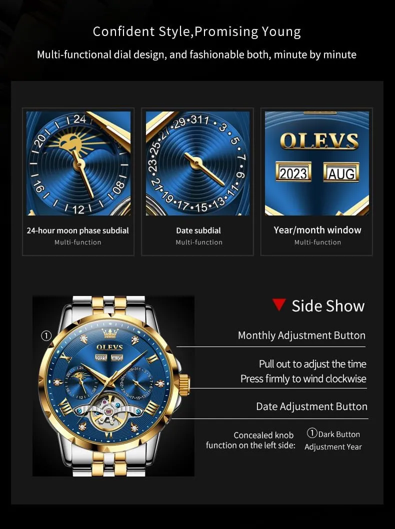 OLEVS Mens Automatic Watch Luxury Dress Diamond Self Winding Skeleton Tourbillion Stainless Steel Original Watches for Men