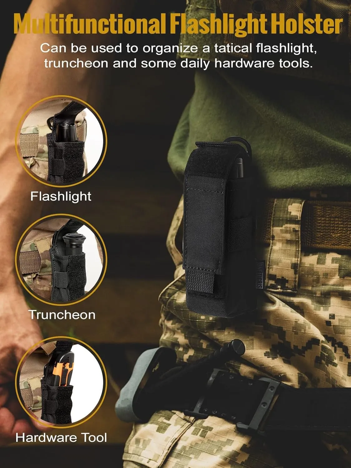 OneTigris Flashlight Holster Flashlight Holder Molle Flashlight Holster Tactical Flashlight Pouch Holder for Belt 1000D Cordura Nylon