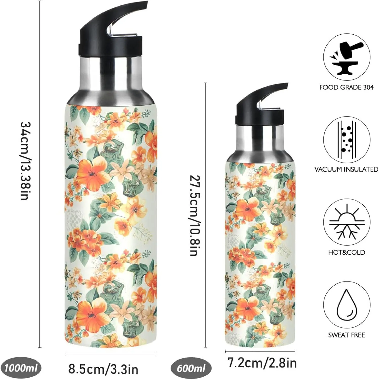 Orange Flowers Sports Water Bottle with Straw, 22oz BPA Free Stainless Steel Vacuum Insulated Bottle for Gym Fitness Outdoor